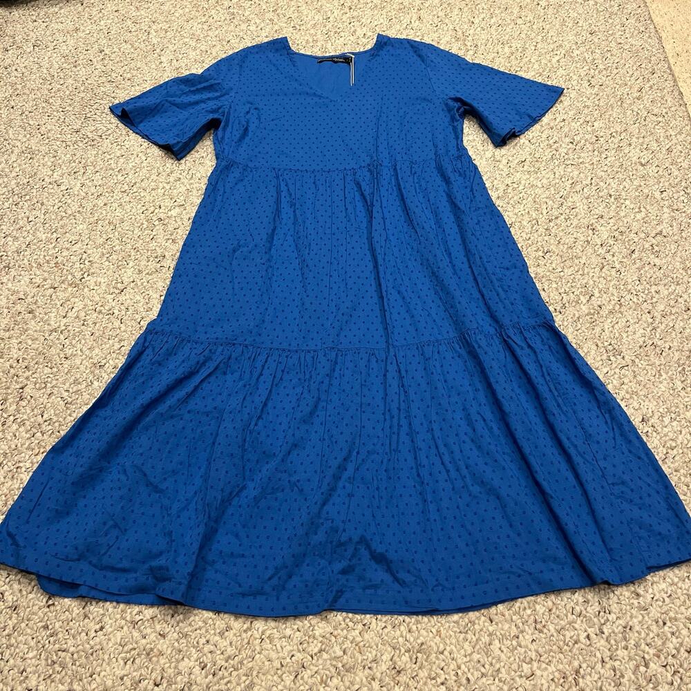 NEW Gudrun Sjoden Solid Midi Dress Swiss Dot S Blue Lagenlook Classic Casual
